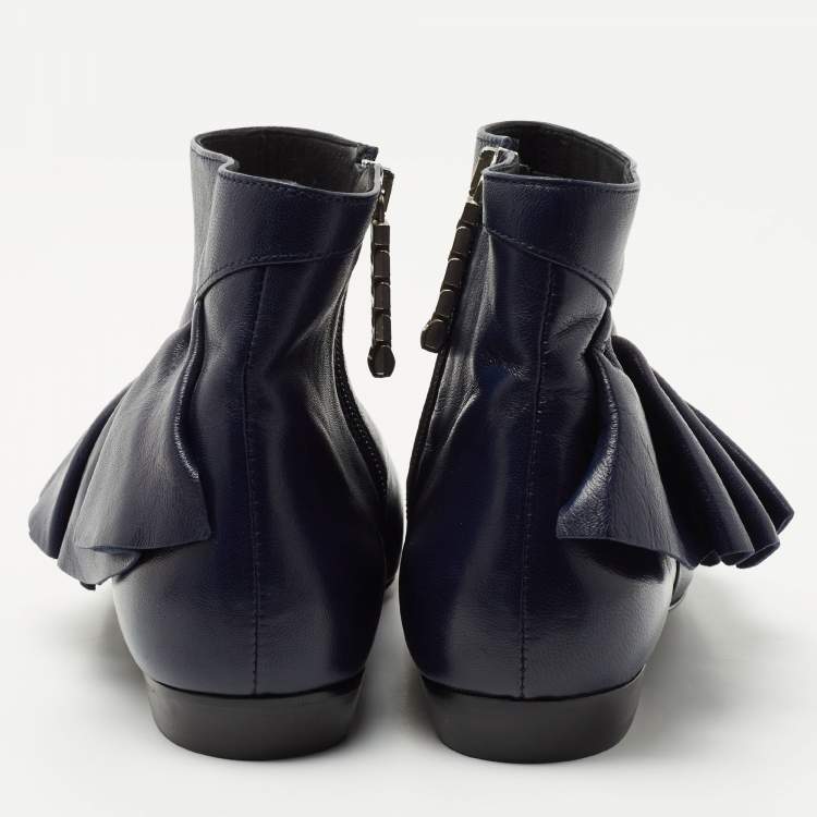 Pre Owned J.W.Anderson Navy Blue Leather Ruffle Ankle Boots Size 36