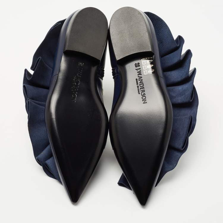 Pre Owned J.W.Anderson Navy Blue Leather Ruffle Ankle Boots Size 36
