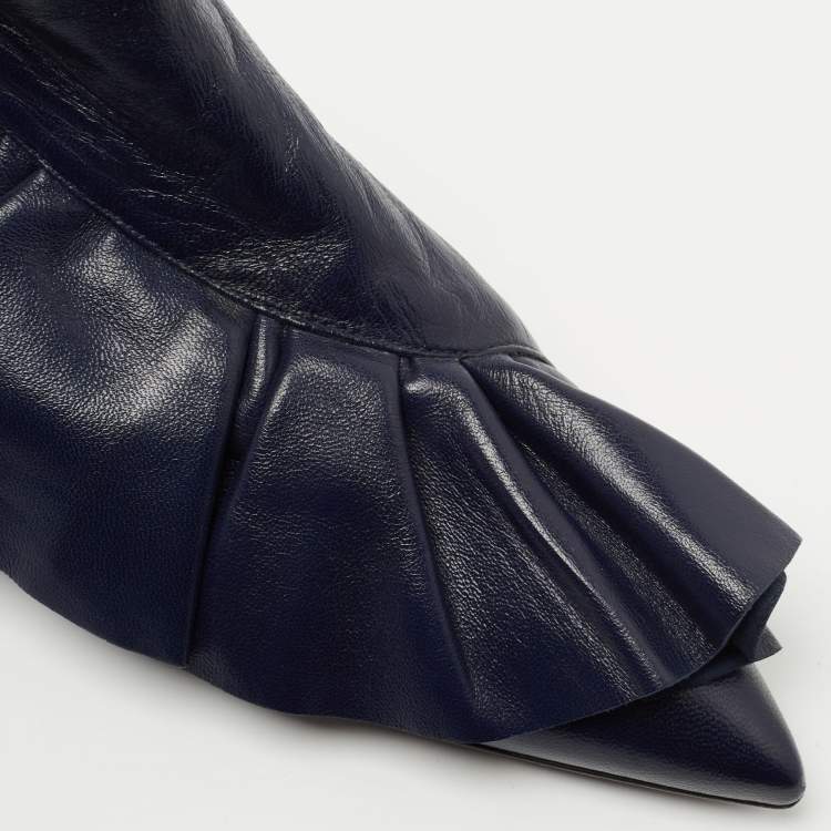 Pre Owned J.W.Anderson Navy Blue Leather Ruffle Ankle Boots Size 36