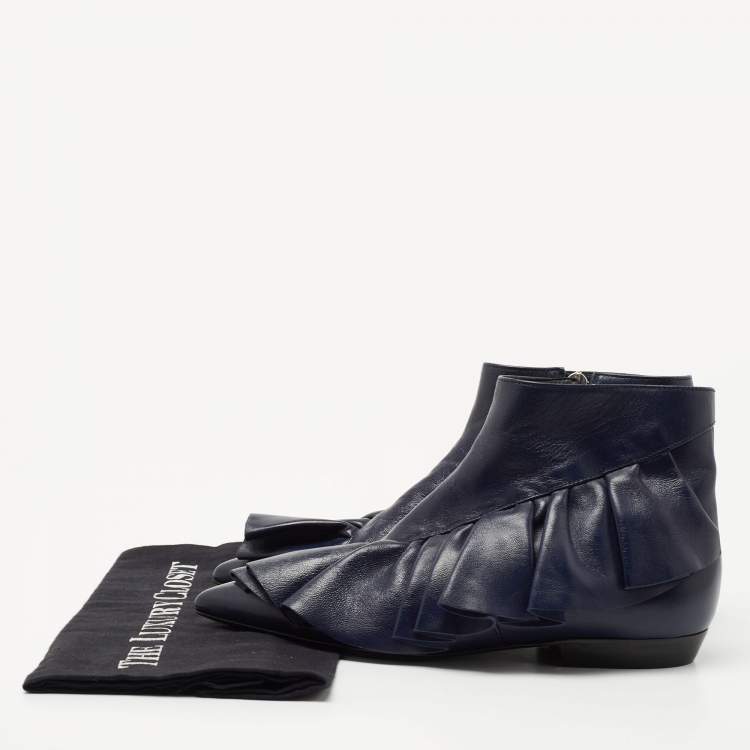 Pre Owned J.W.Anderson Navy Blue Leather Ruffle Ankle Boots Size 36