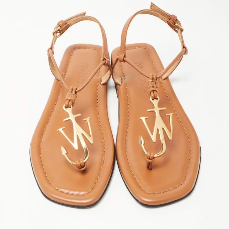 Pre Owned J.W.Anderson Brown Leather Anchor Logo T Strap Flats Size 36