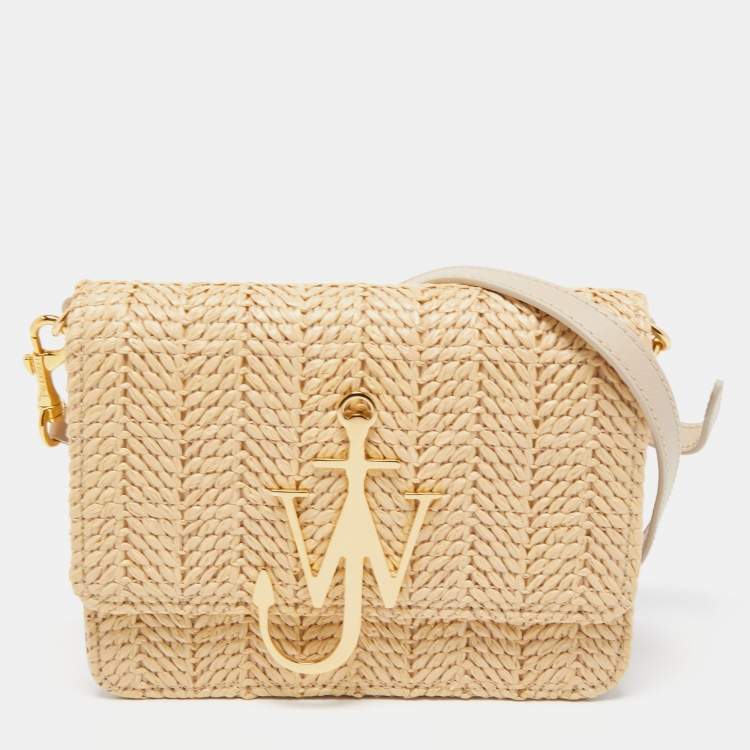 Pre Owned J.W.Anderson Beige Raffia and Leather Anchor Logo Crossbody Bag 
