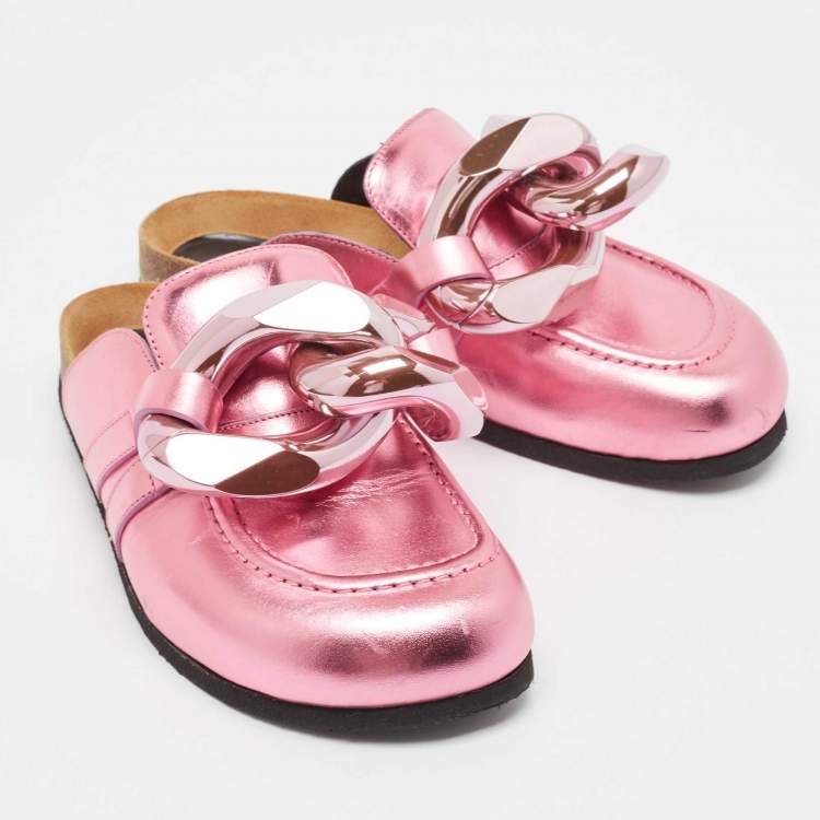 Pre Owned J.W. Anderson Pink Leather Chain-Link Accents Mules Size 38