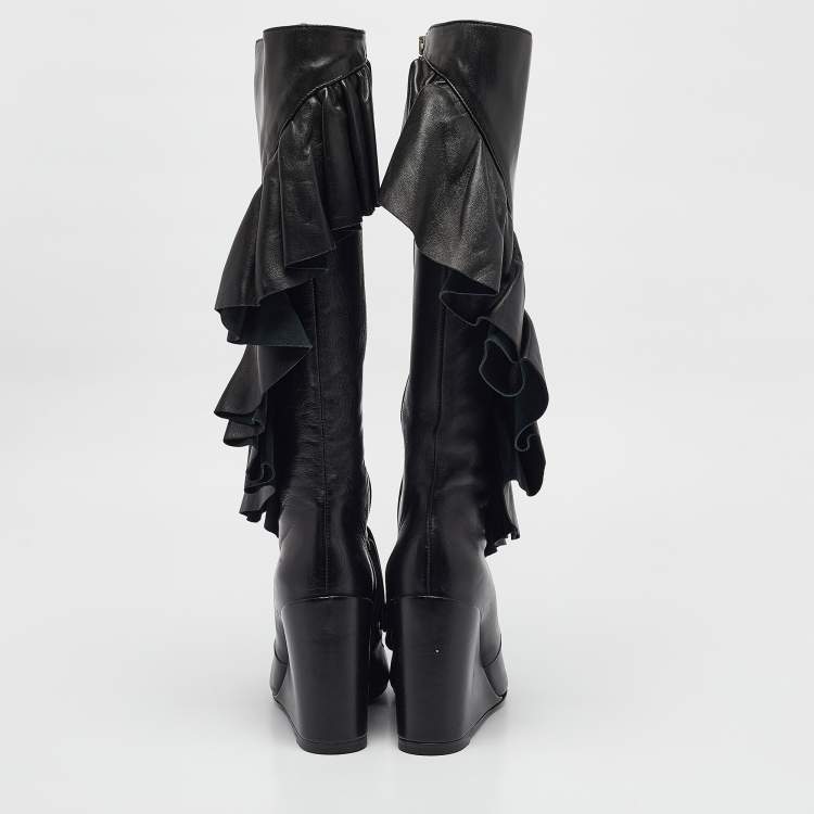 Pre Owned J.W. Anderson Black Leather Ruffle Knee Length Wedge Boots Size 38