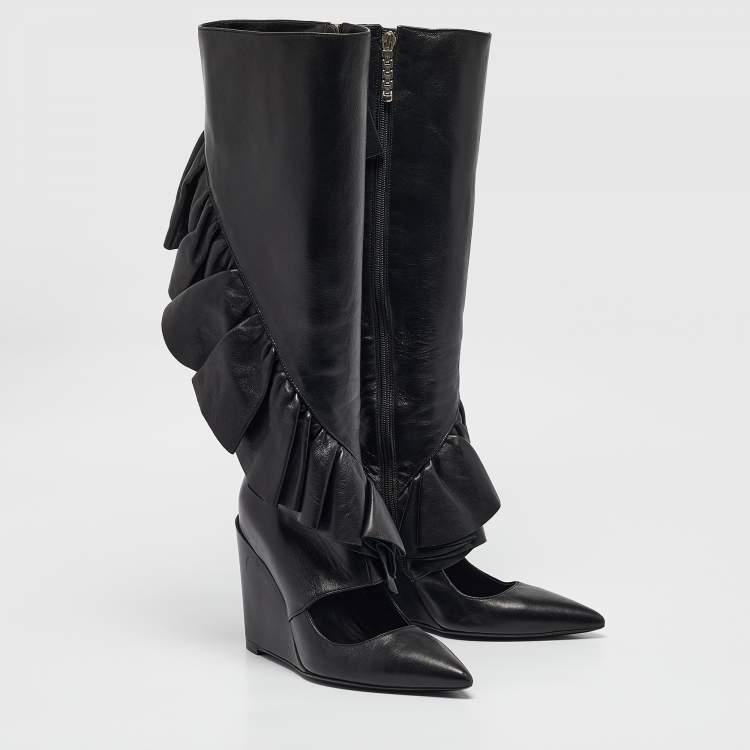 Pre Owned J.W. Anderson Black Leather Ruffle Knee Length Wedge Boots Size 38