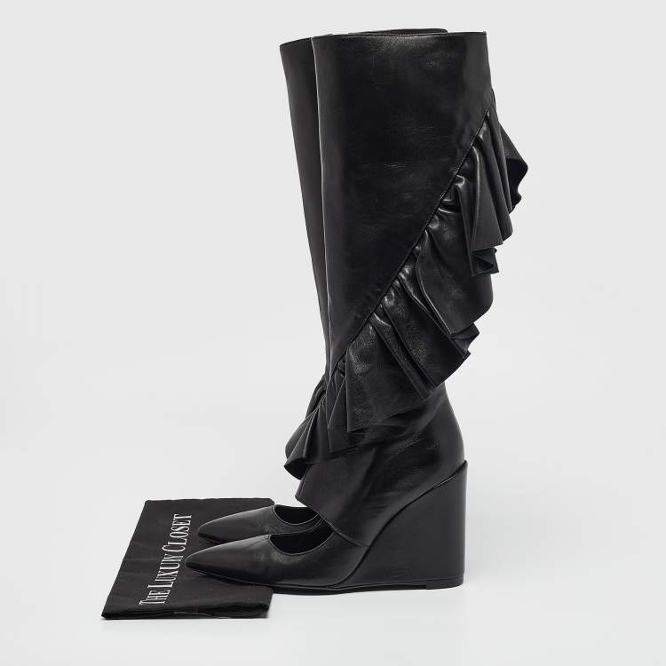 Pre Owned J.W. Anderson Black Leather Ruffle Knee Length Wedge Boots Size 38