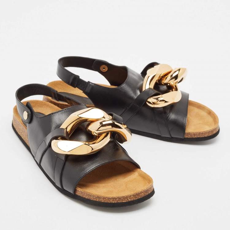 Pre Owned J.W. Anderson Black Leather Chain Link Flat Sandals Size 44