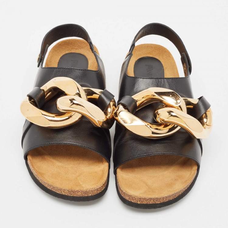 Pre Owned J.W. Anderson Black Leather Chain Link Flat Sandals Size 44