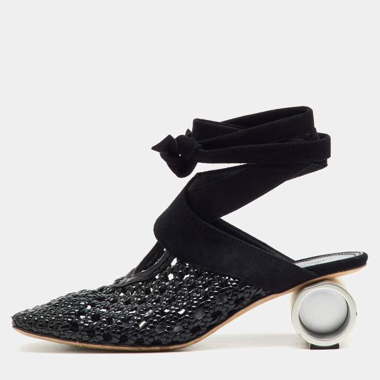 Pre Owned J.W.Anderson Black Woven Patent Leather and Suede Cylinder Heel Ankle Tie Mules Size 37