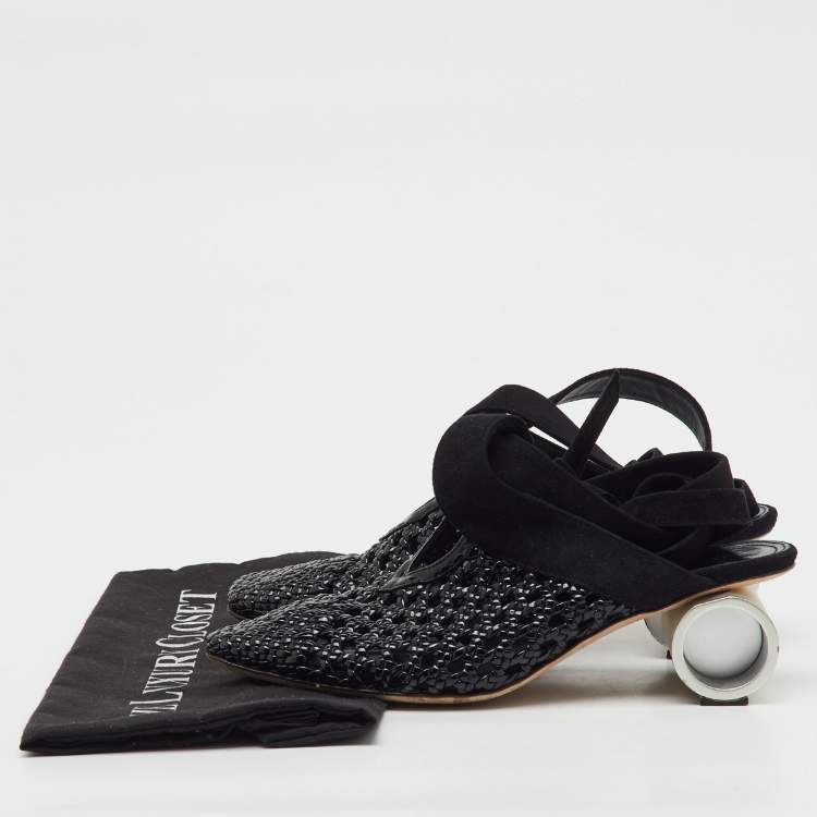 Pre Owned J.W.Anderson Black Woven Patent Leather and Suede Cylinder Heel Ankle Tie Mules Size 37