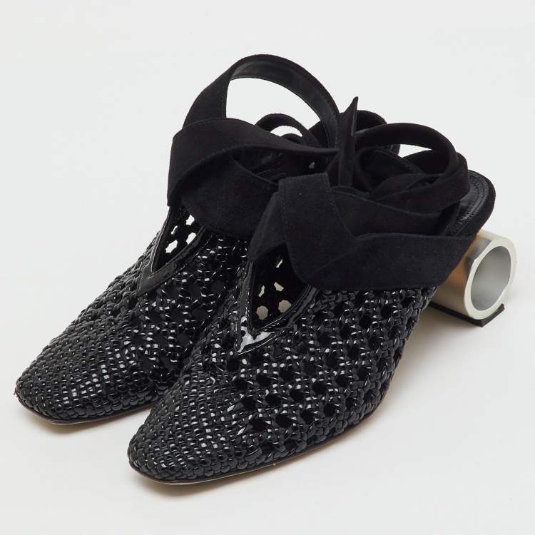Pre Owned J.W.Anderson Black Woven Patent Leather and Suede Cylinder Heel Ankle Tie Mules Size 37