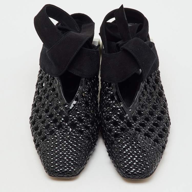 Pre Owned J.W.Anderson Black Woven Patent Leather and Suede Cylinder Heel Ankle Tie Mules Size 37