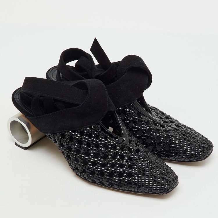 Pre Owned J.W.Anderson Black Woven Patent Leather and Suede Cylinder Heel Ankle Tie Mules Size 37