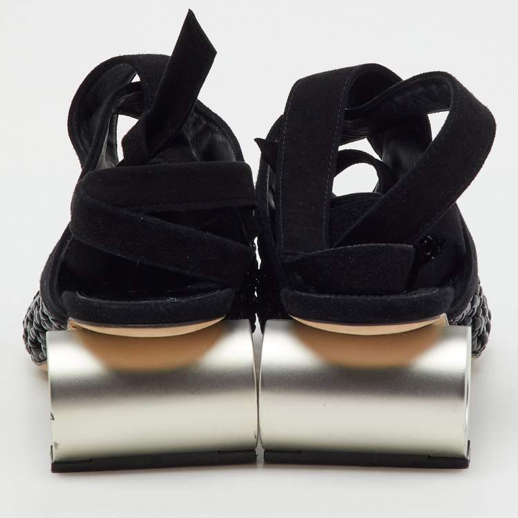 Pre Owned J.W.Anderson Black Woven Patent Leather and Suede Cylinder Heel Ankle Tie Mules Size 37