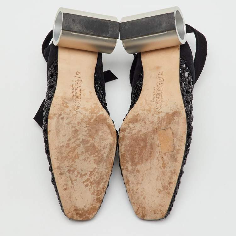 Pre Owned J.W.Anderson Black Woven Patent Leather and Suede Cylinder Heel Ankle Tie Mules Size 37