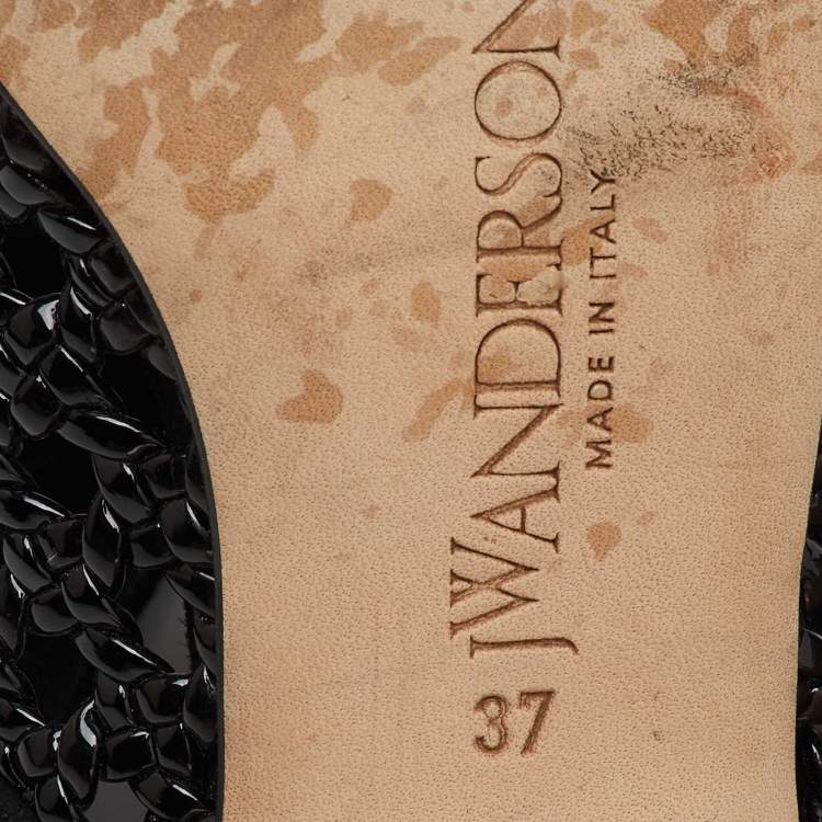 Pre Owned J.W.Anderson Black Woven Patent Leather and Suede Cylinder Heel Ankle Tie Mules Size 37