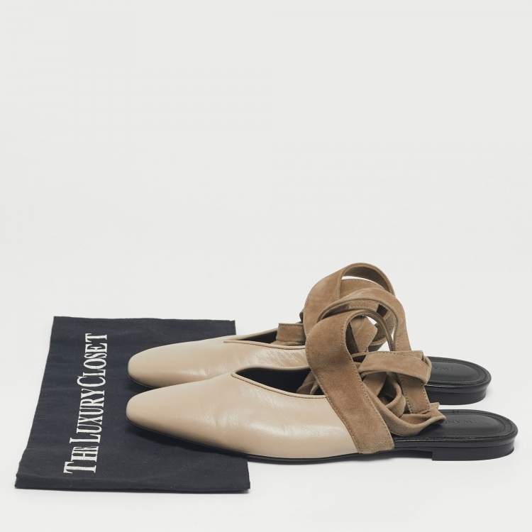 Pre Owned J.W.Anderson Beige Leather and Suede Ankle Wrap Mules Flats Size 40