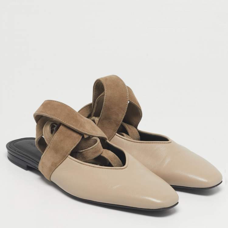 Pre Owned J.W.Anderson Beige Leather and Suede Ankle Wrap Mules Flats Size 40