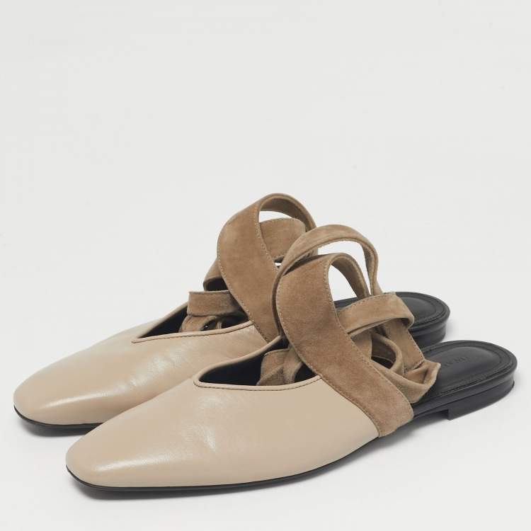 Pre Owned J.W.Anderson Beige Leather and Suede Ankle Wrap Mules Flats Size 40