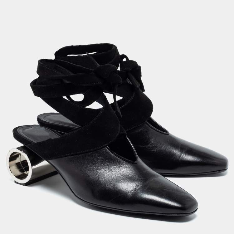 Pre Owned J.W.Anderson Black Leather And Suede Ankle Tie Cylindrical Heel Mules Size 39