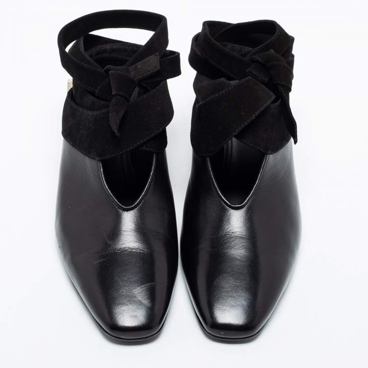 Pre Owned J.W.Anderson Black Leather And Suede Ankle Tie Cylindrical Heel Mules Size 39