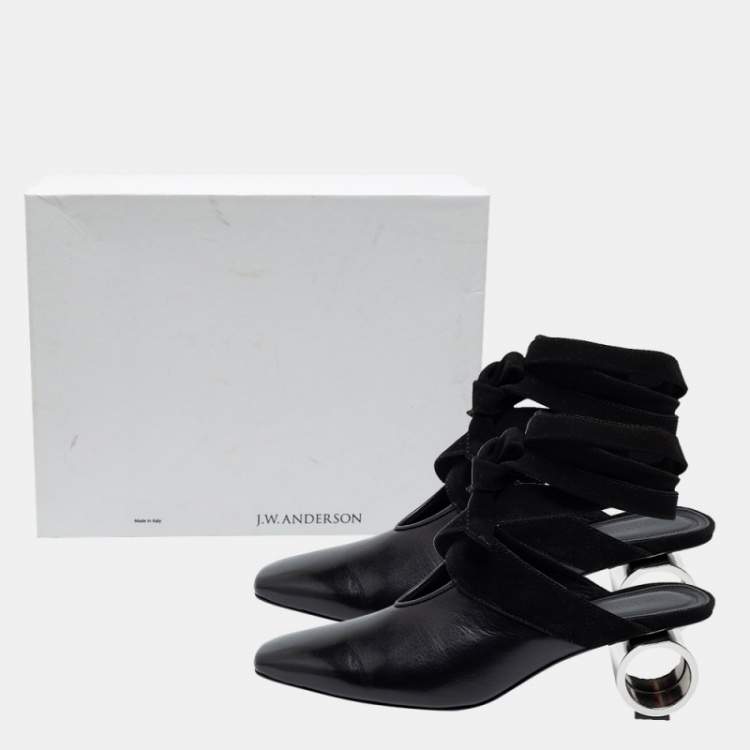Pre Owned J.W.Anderson Black Leather And Suede Ankle Tie Cylindrical Heel Mules Size 39