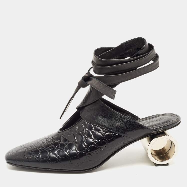 Pre Owned J.W.Anderson Black Croc Embossed Leather Cylinder Heel Ankle Tie Mules Size 39