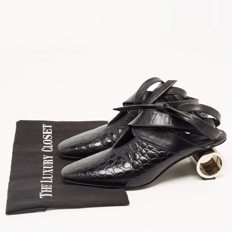 Pre Owned J.W.Anderson Black Croc Embossed Leather Cylinder Heel Ankle Tie Mules Size 39