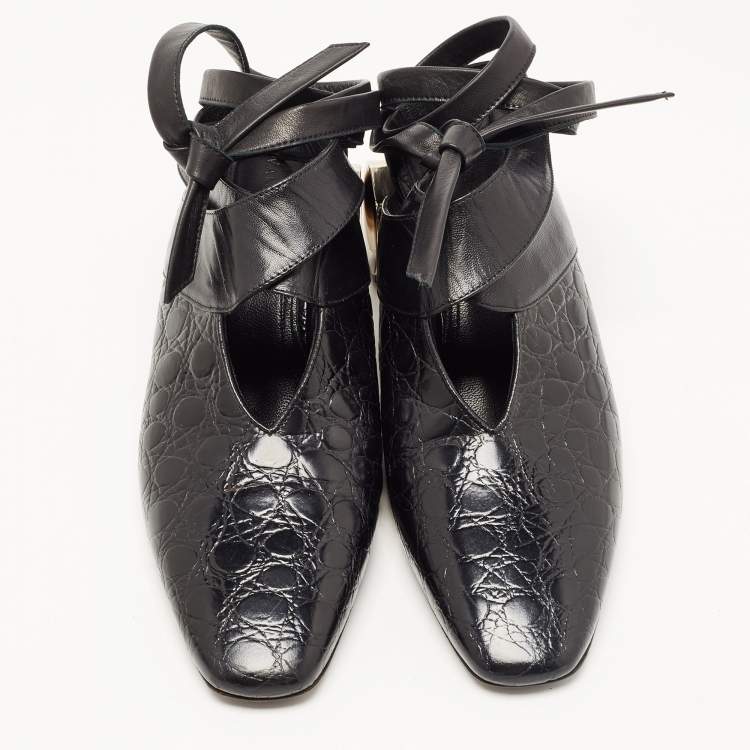 Pre Owned J.W.Anderson Black Croc Embossed Leather Cylinder Heel Ankle Tie Mules Size 39
