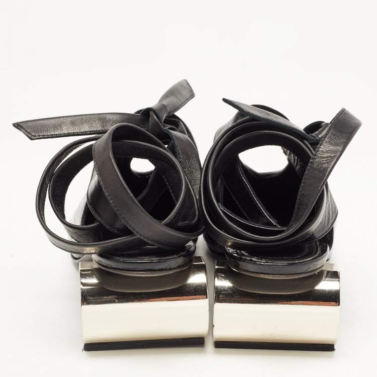 Pre Owned J.W.Anderson Black Croc Embossed Leather Cylinder Heel Ankle Tie Mules Size 39