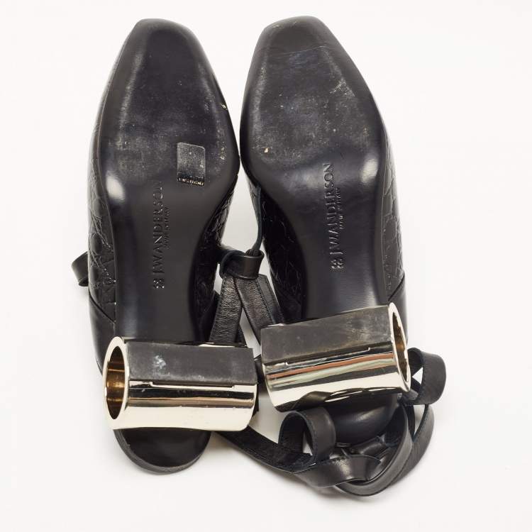 Pre Owned J.W.Anderson Black Croc Embossed Leather Cylinder Heel Ankle Tie Mules Size 39