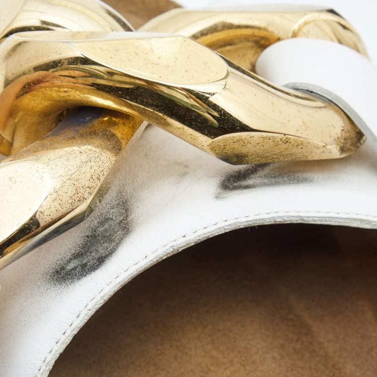 Pre Owned J,W. Anderson White Leather Chain Flat Slides Size 39