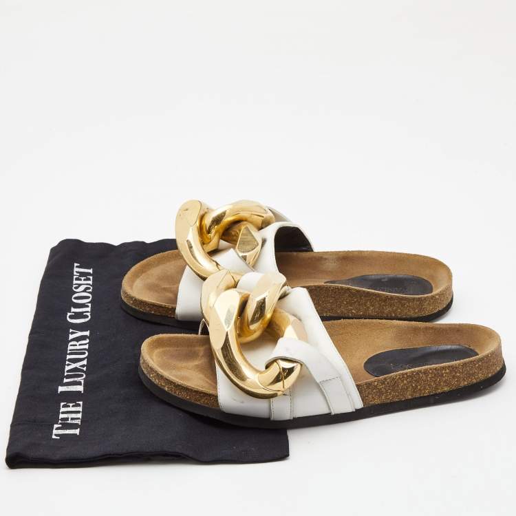 Pre Owned J,W. Anderson White Leather Chain Flat Slides Size 39