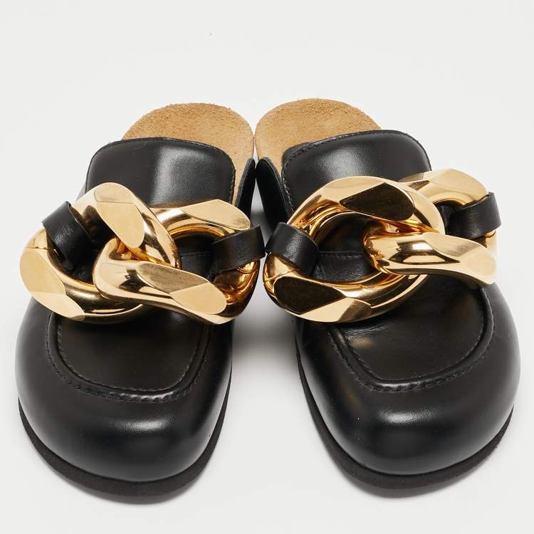 Pre Owned J.W.Anderson Black Leather Chain Link Flat Mules Size 38