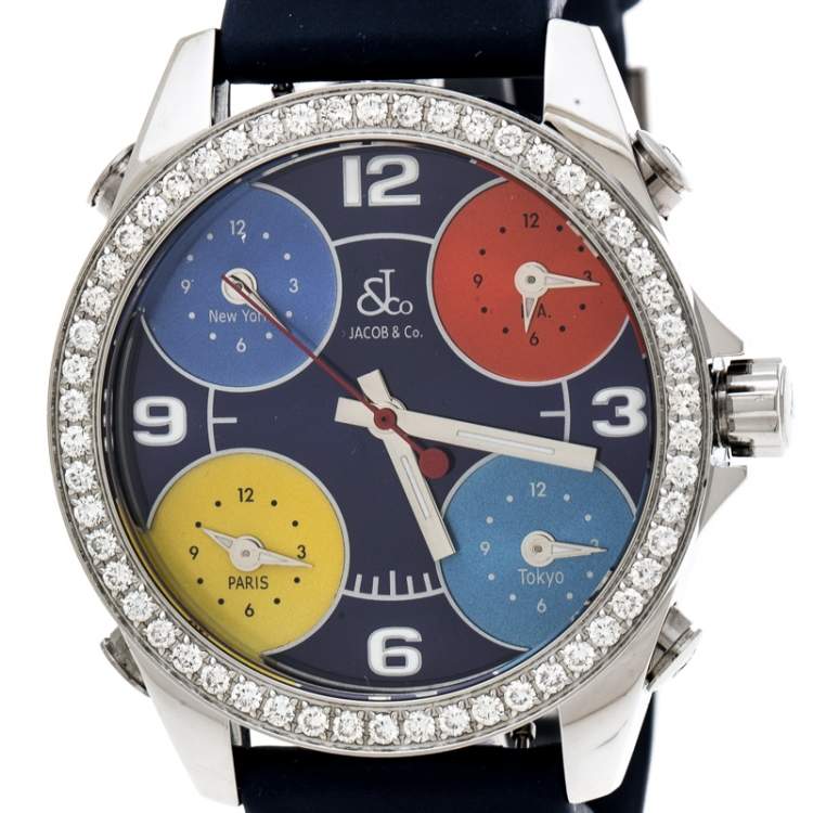 Pre Owned Jacob & Co. Multi-Color Dial Stainless Steel Diamond Five Time Zone Women's Wristwatch 40 mm