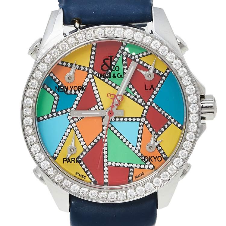 Pre Owned Jacob & Co. Multicolor Stainless Steel Diamond Five Time Zone Women's Wristwatch 40 mm