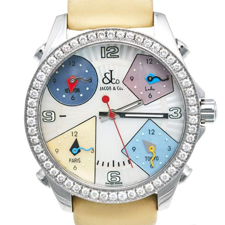 Pre Owned Jacob & Co. Multi-Color Mother of Pearl Stainless Steel Diamond Five Time Zone D-465739 Women's Wristwatch 40 mm
