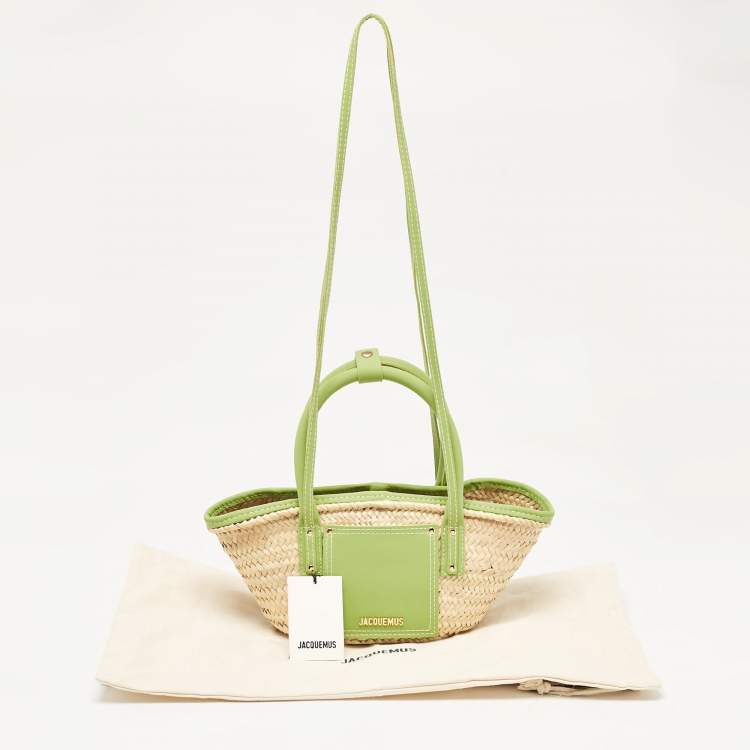 Pre Owned Jacquemus Green/Cream Woven Raffia and Nubuck Leather Le Petit Panier Basket Tote