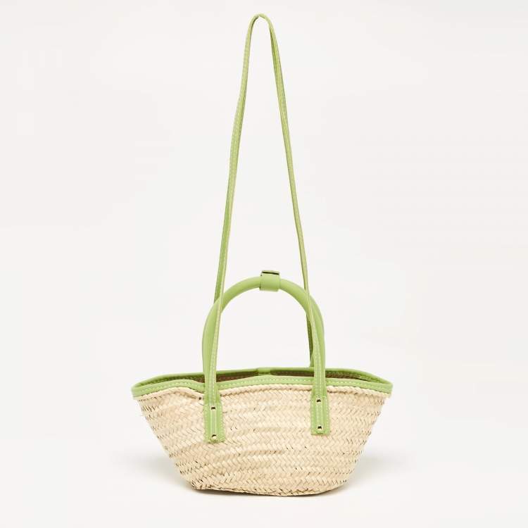 Pre Owned Jacquemus Green/Cream Woven Raffia and Nubuck Leather Le Petit Panier Basket Tote
