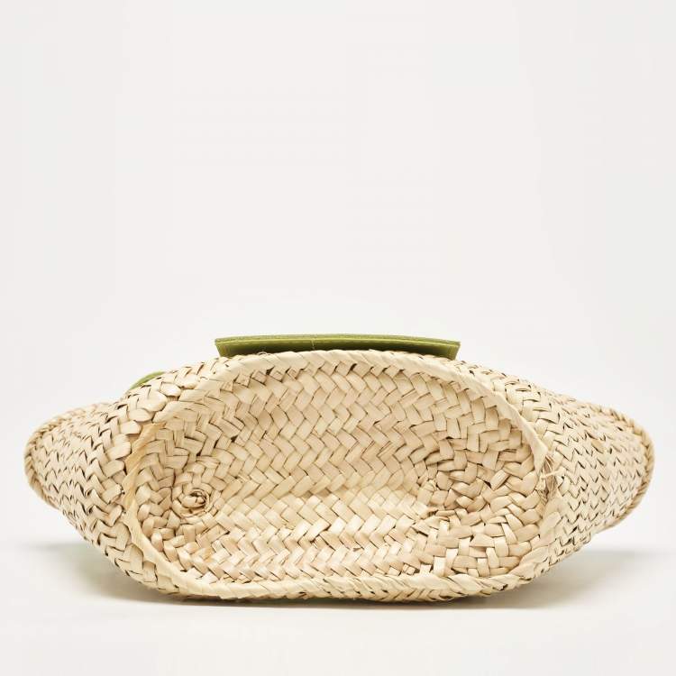 Pre Owned Jacquemus Green/Cream Woven Raffia and Nubuck Leather Le Petit Panier Basket Tote