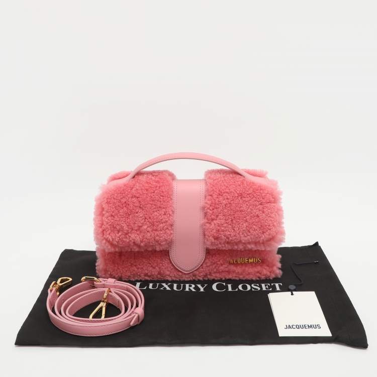 Pre Owned Jacquemus Le Bambino Pink Leather and Shearling Fur Top Handle Bag