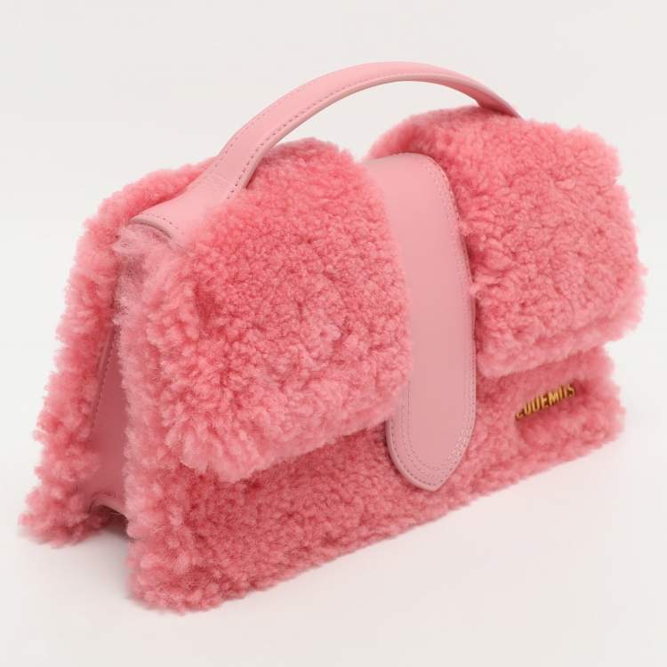 Pre Owned Jacquemus Le Bambino Pink Leather and Shearling Fur Top Handle Bag
