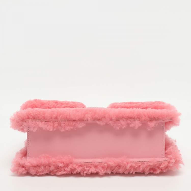 Pre Owned Jacquemus Le Bambino Pink Leather and Shearling Fur Top Handle Bag