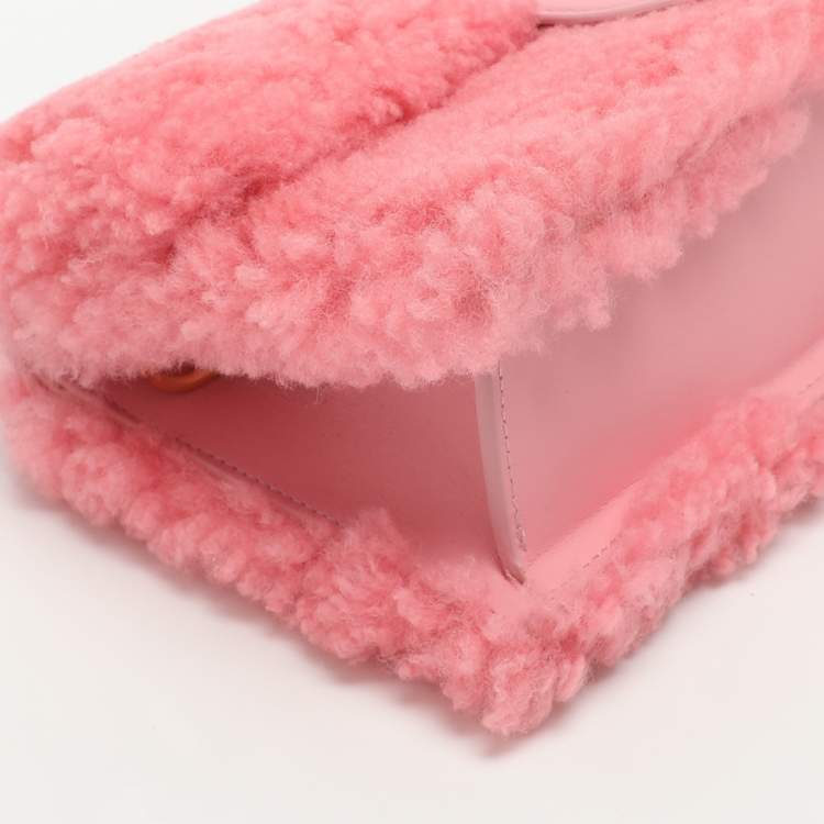 Pre Owned Jacquemus Le Bambino Pink Leather and Shearling Fur Top Handle Bag