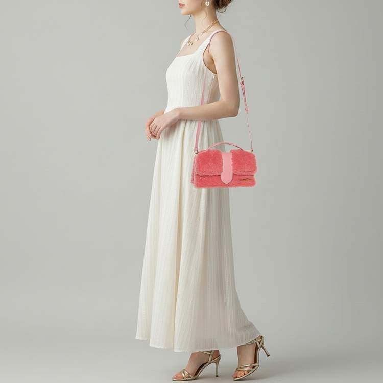 Pre Owned Jacquemus Le Bambino Pink Leather and Shearling Fur Top Handle Bag