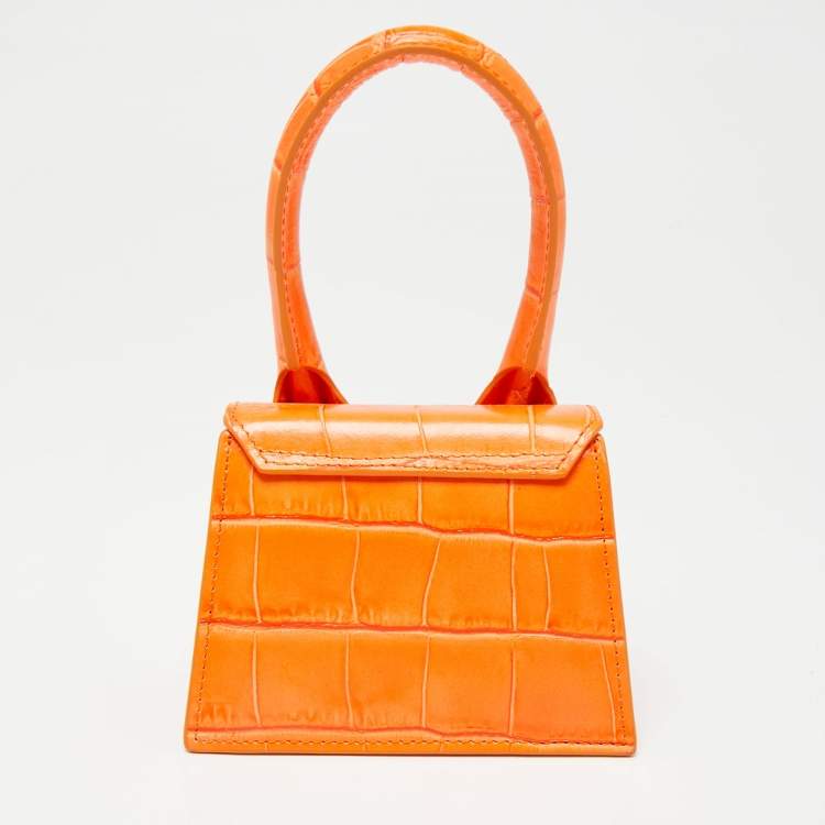 Pre Owned Jacquemus Orange Croc Embossed Leather Le Chiquito Mini Top Handle Bag