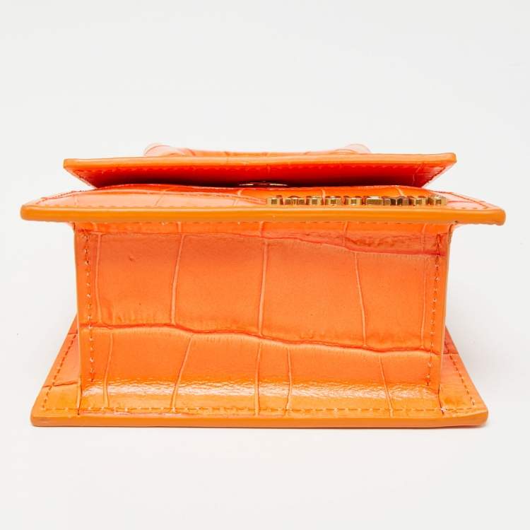 Pre Owned Jacquemus Orange Croc Embossed Leather Le Chiquito Mini Top Handle Bag
