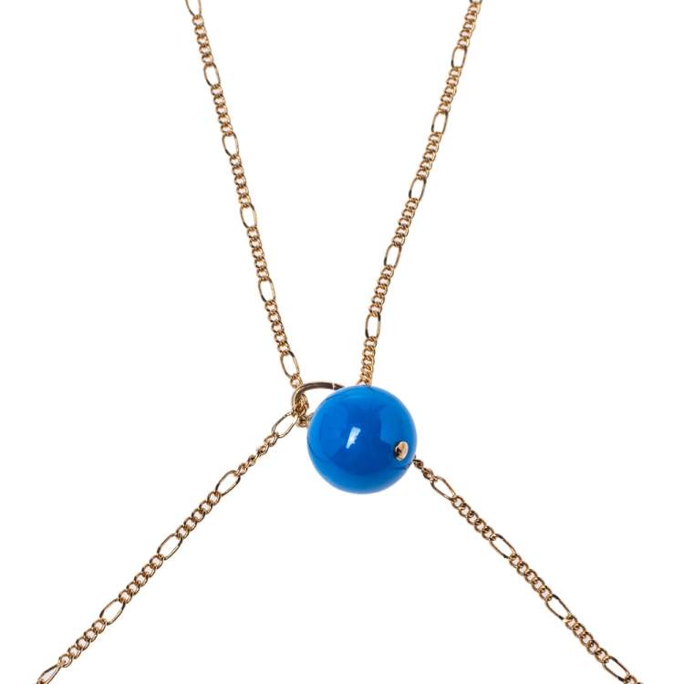 Pre Owned Jacquemus Blue Bead Gold Tone Double Chain Necklace
