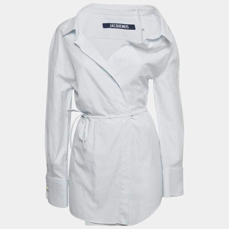 Pre Owned Jacquemus White/Blue Pinstripe Cotton Asymmetric Mini Dress S