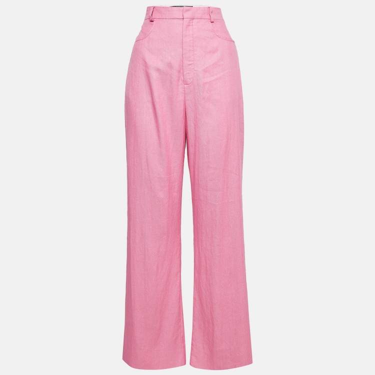 Pre Owned Jacquemus Pink Linen Blend Wide Leg Trousers M